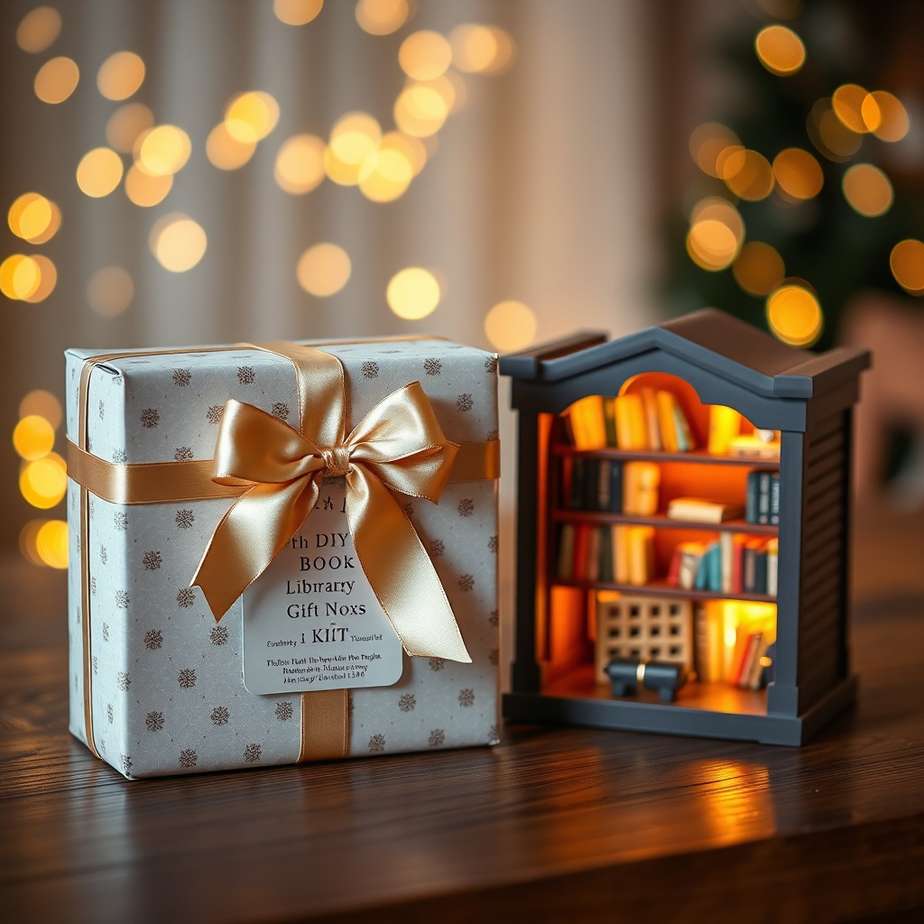 A gift-wrapped book nook kit beside a finished glowing miniature library