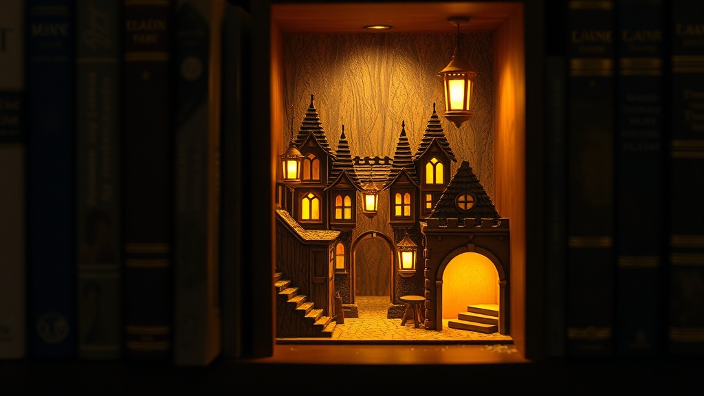 A glowing miniature wizard-alley book nook nestled between books on a dark shelf