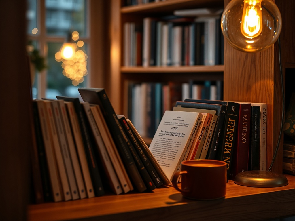 A cozy home library at night with a warm glowing book nook between the books
