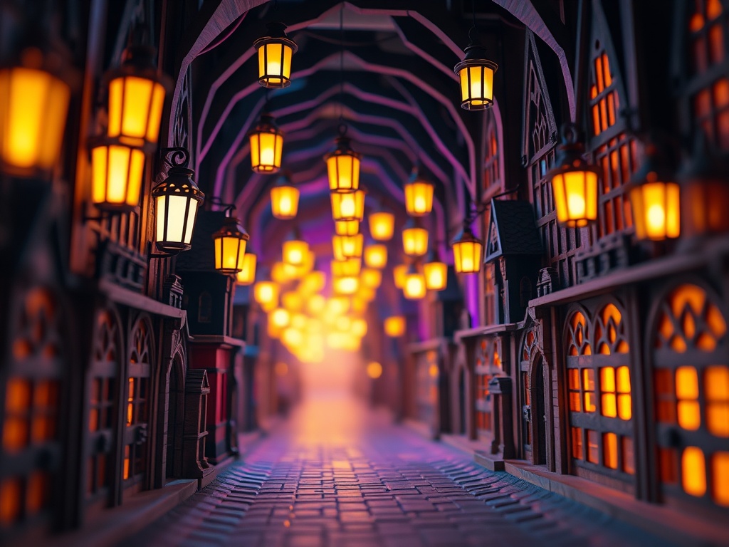 Close-up of a glowing wizard-alley book nook with an infinity-mirror corridor of lanterns